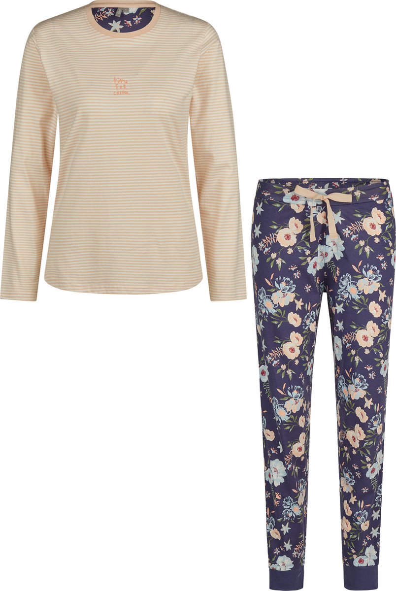 By Louise Dames Pyjama Set Jersey Katoen Gebloemd Oranje Blauw
