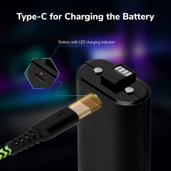 Type-C poort voor het opladen van de batterij met LED laadindicator.