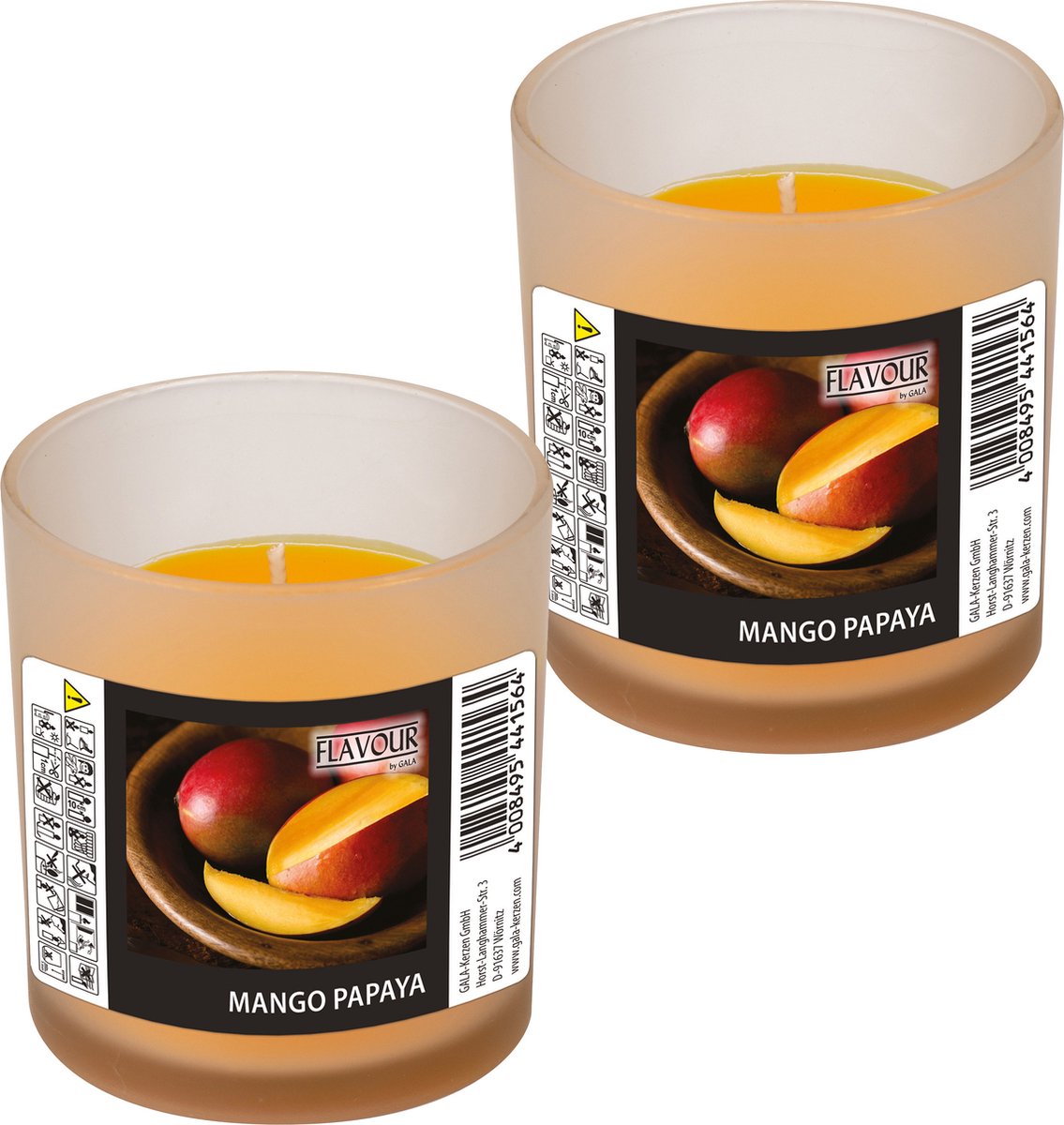 Conpax Candles geurkaars - 2x - mango/papaya geur - oranje - 8 branduren - in glas - aroma kaars Donkergeel