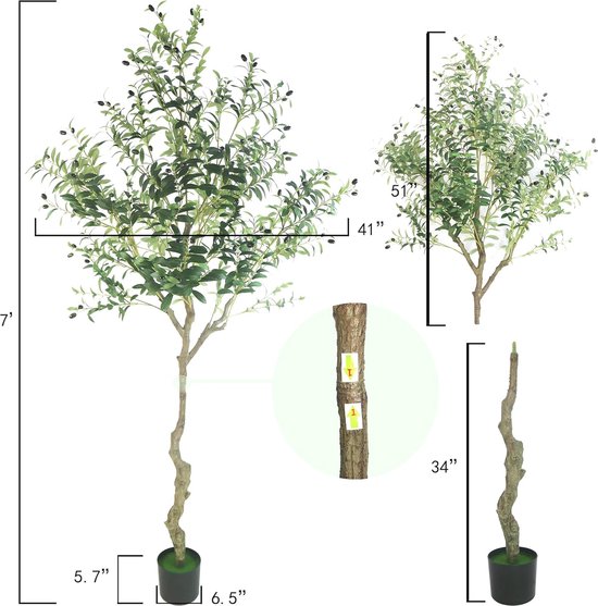 SOGUYI Kunstmatige olijfboom, 210 cm hoge kunstzijden plant met natuurlijke houten stam en levensechte vruchten voor thuiskantoordecoratie - imitatieboom in een pot voor binnenshuis, één verpakking