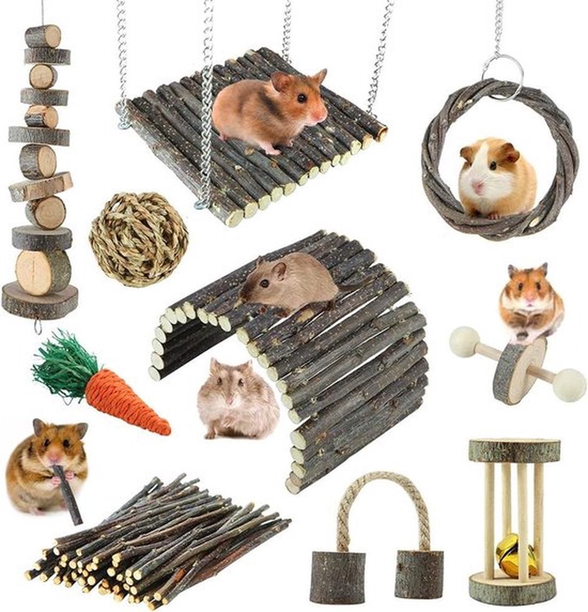Konijnenspeelgoed Kooi Accessoires Appel Hout Sticks-Ladder Bell Roller voor Gerbil Cavia’s en Andere Kleine Dieren Konijnenspeelgoed Kooi Accessoires Appel Hout Sticks-Ladder Bell Roller voor Gerbil Cavia’s en Andere Kleine Dieren