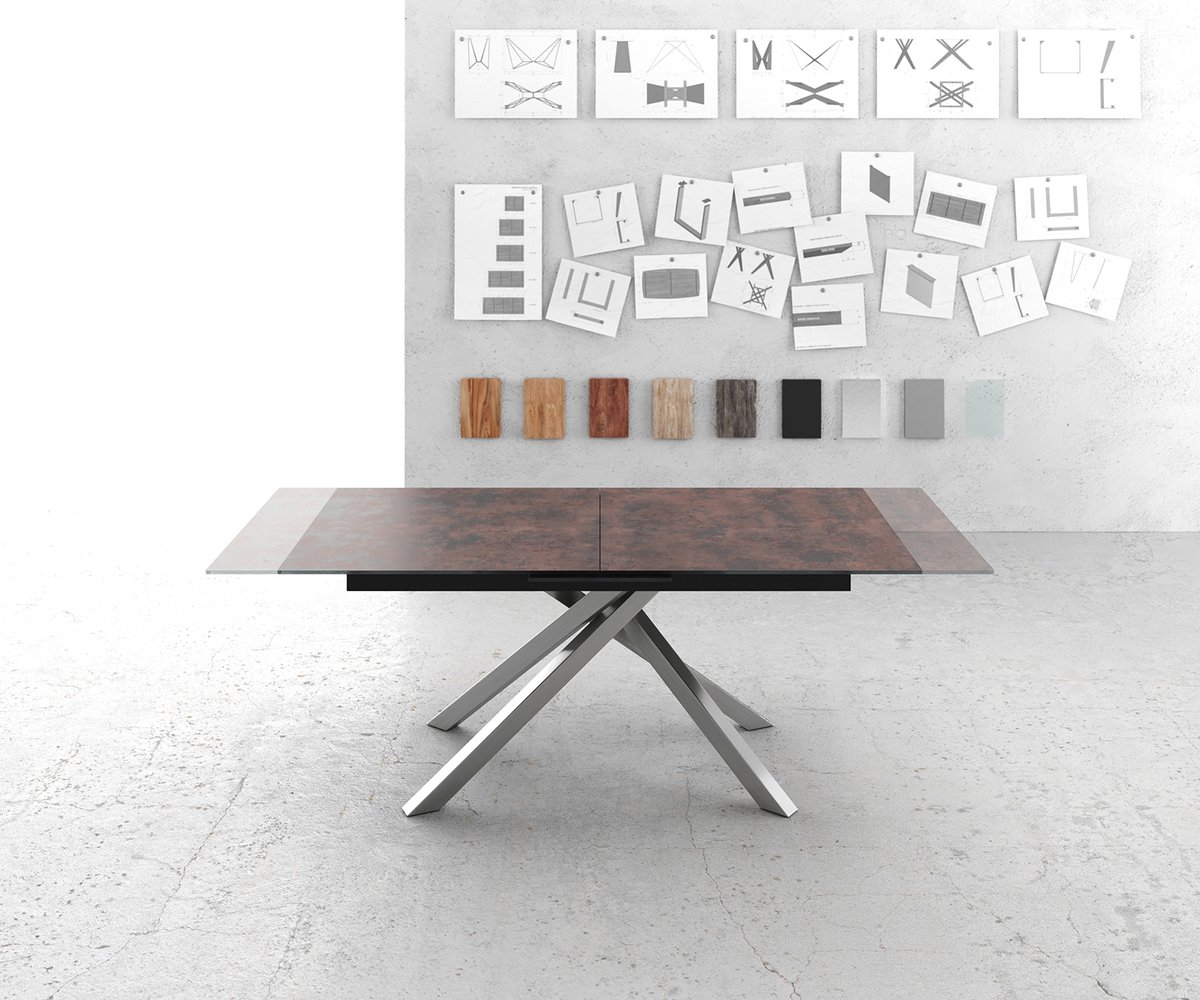 Eettafel Edge verre antiek-bruin 180-220x90cm middenvoet kruis zilver