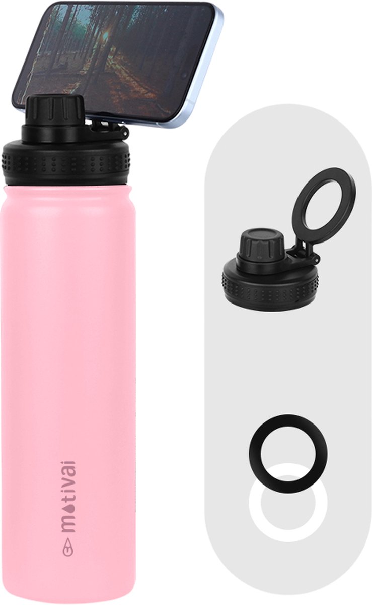 Motivai RVS Thermosfles met Telefoonhouder & MagSafe Ring – 750ML (25oz) – Lekvrij & Isolerend – Waterfles voor Koude & Warme Dranken – BPA-vrij – Roze