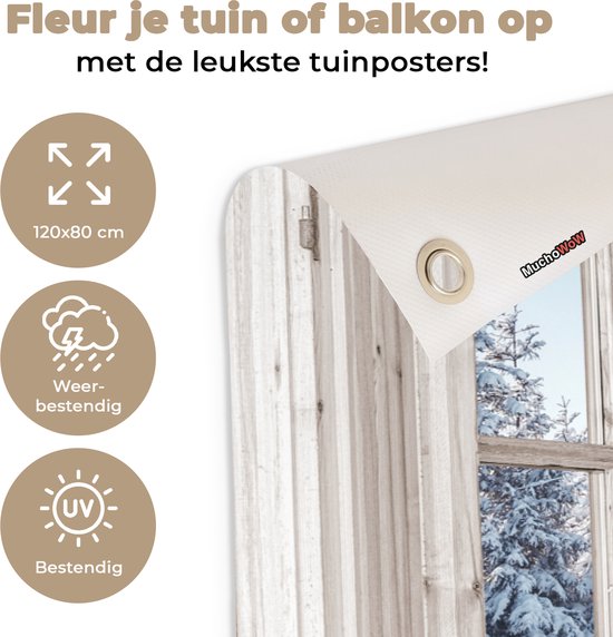 Poster de jardin résistant aux intempéries 120x80 cm avec fenêtre ouverte sur paysage d'hiver.