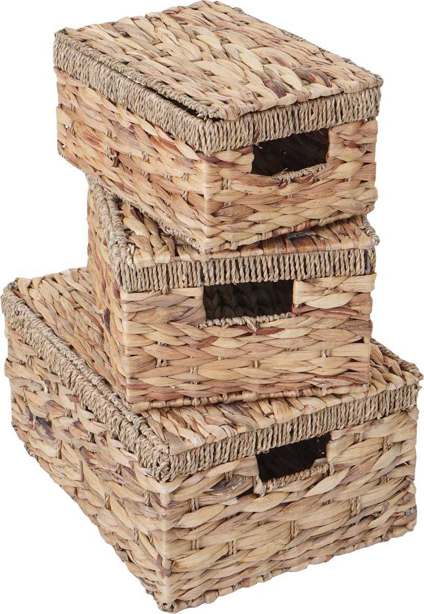 Set van 3 opbergdozen MCW-C23, commode met deksel, waterhyacint natuurlijke kleur