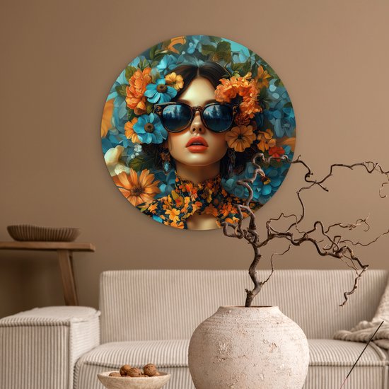 WallCircle - Cercle mural 60x60 - Femme - Fleurs - Oranje - Blauw - Moderne - Tableaux ronds salon - Plaque murale ronde - Cercle de Décoration murale - Décoration de chambre à l'intérieur - Cercle mural de Décoration murale - Accessoires de maison