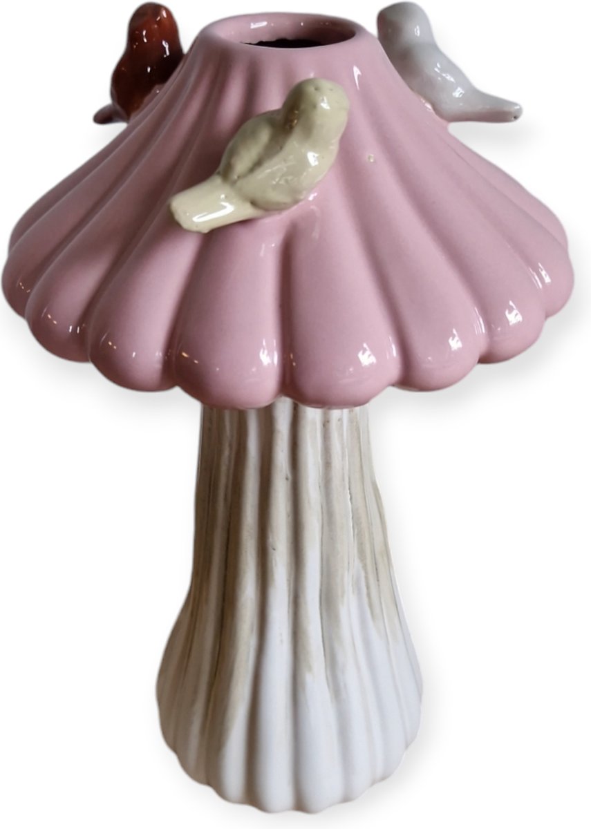 DK design Daan Kromhout - Vaas - Paddenstoel - Met Vogeltjes - Creme - Roze -16x25cm