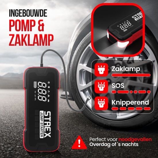 Strex 12V Jumpstarter voor Auto & Motor met Compressor - 4000A / 24.000 mAh - 5-in-1 Starthulp met Compressor, Powerbank, LED Zaklamp en SOS Noodlicht - Jump Starter - Incl. Hardcover