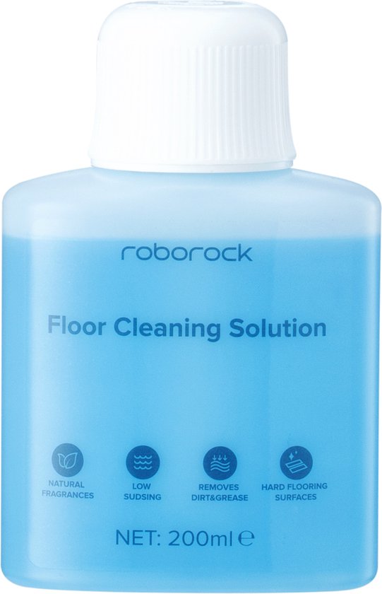 Een fles Roborock vloerreiniger met blauwe vloeistof, 200 ml. De fles toont iconen voor natuurlijke geuren, laag schuimen, verwijdert vuil/vet en harde vloeren.