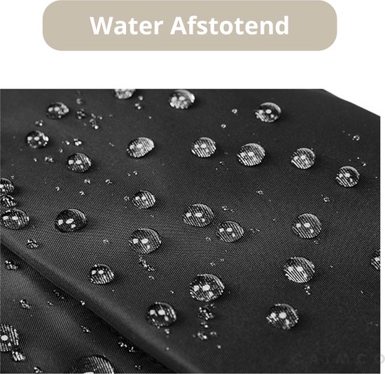 Zwarte stof met waterdruppels, 'Water Afstotend' tekst.