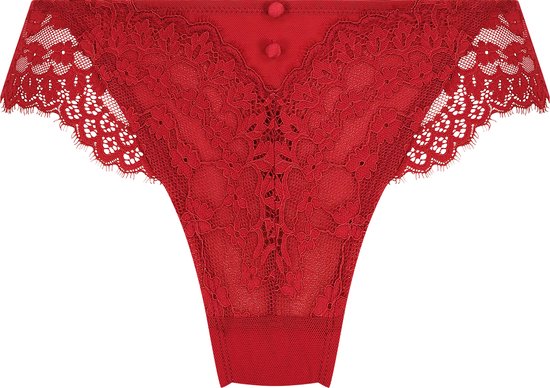 Slip brésilien rouge en dentelle avec détail nœud et finitions en dentelle sur les côtés et au dos.