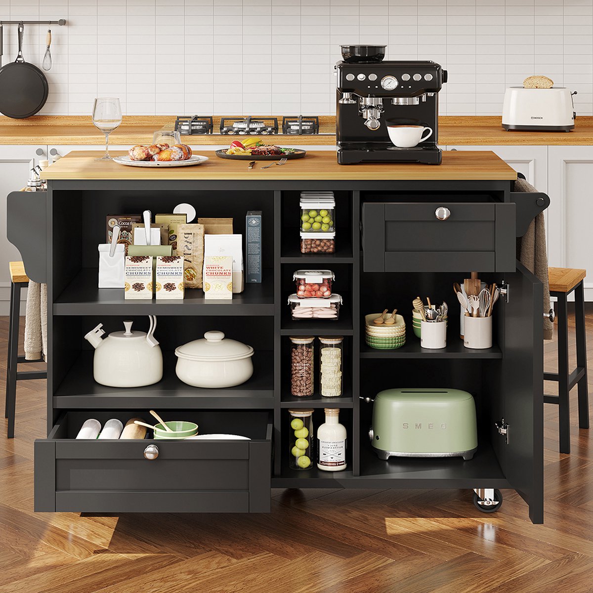 KOMHTOM Kast BuffetKast dressoir modern en eenvoudig verrijdbaar keukentrolley met laden en opbergkasten Zwart