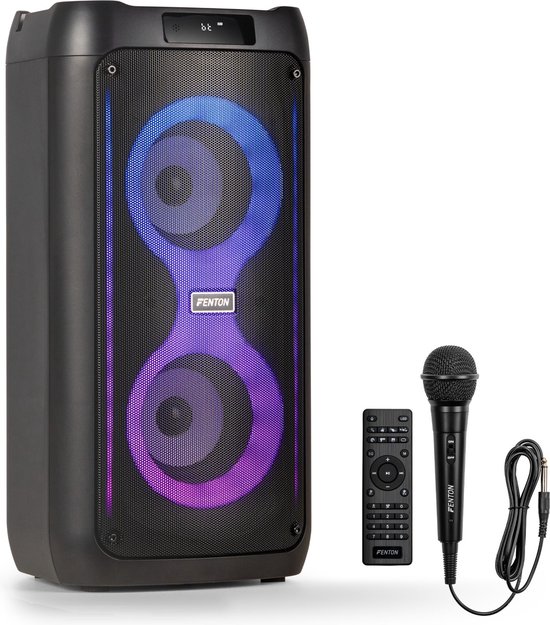 Fenton Core80 Bluetooth partybox 120W met microfoon, karaoke, 12 uur accu, draagbare speaker met LED-lichtshow