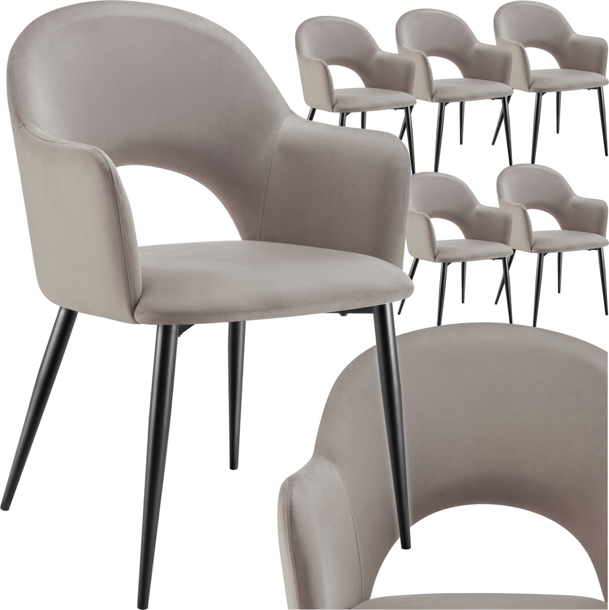tectake® Set van 6 Eetkamerstoelen Sachel - Fluweellook Gestoffeerde Fauteuils - Keukenstoel - Ergonomische Stoelen voor Woonkamer en Keuken - Eetkamerstoel met Armleuning - 120 kg Draagkracht per Stoel - Taupe