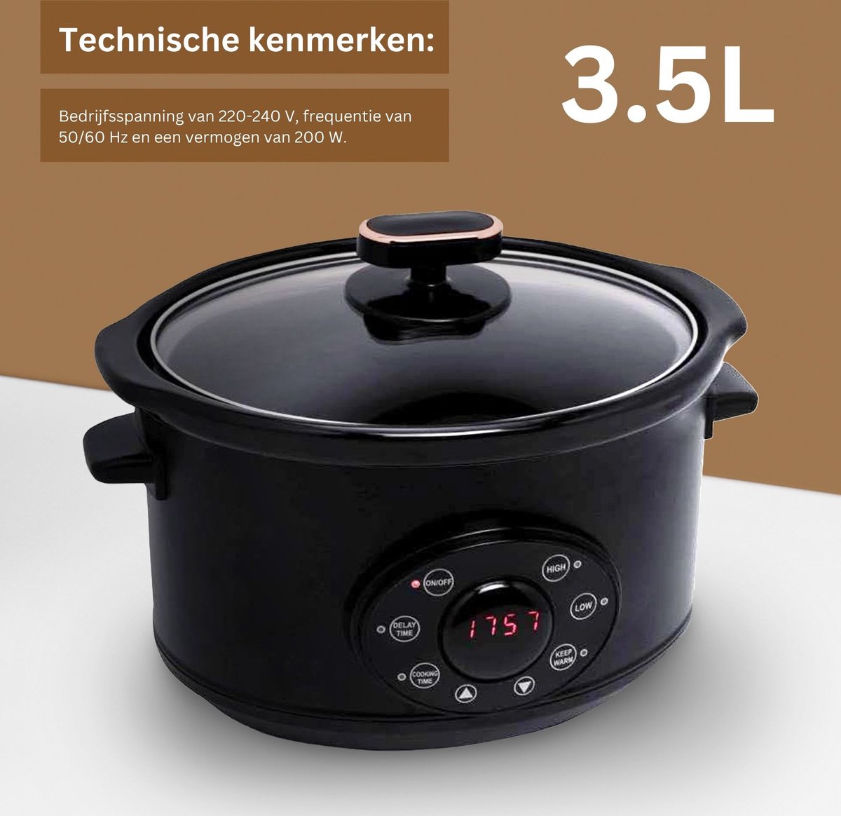Afbeelding 3 van White-label® Slowcooker met Timer - Keramische Binnenpan - Hotpot - Zwart