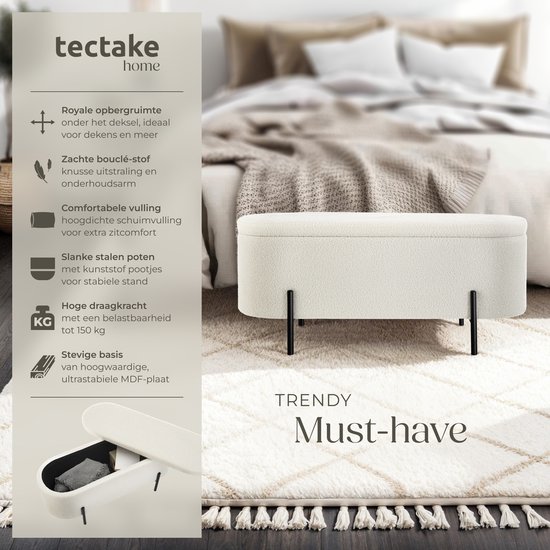tectake - banc rembourré - banc en MDF Lanja - avec tissu bouclé et espace de rangement - blanc crème