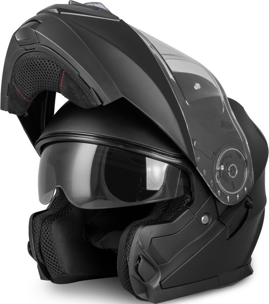 Casque intégral noir avec visière rabattable et visière intérieure fumée.