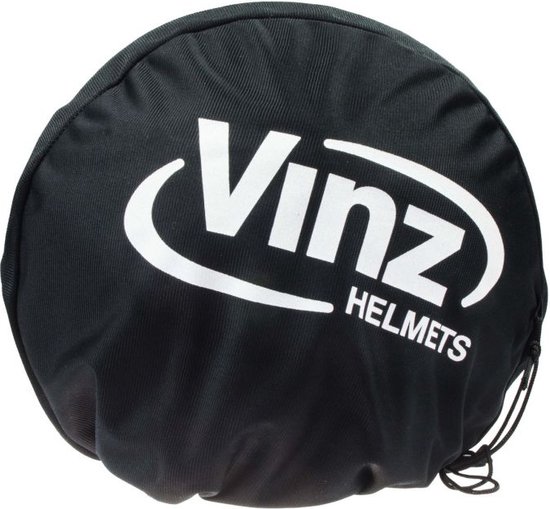 Zwarte helmhoes van Vinz Helmets met wit logo.