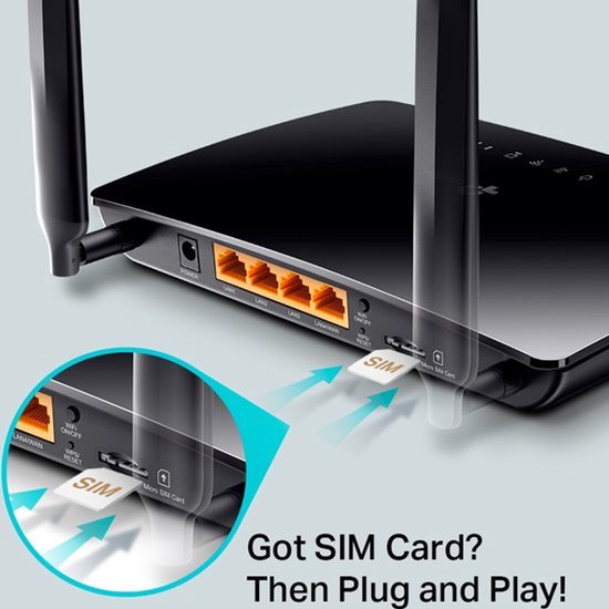 Close-up van de achterkant van de router, met een pijl die aangeeft hoe een SIM-kaart geplaatst moet worden.