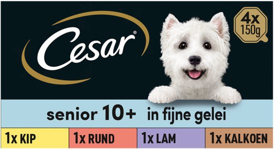 Cesar Senior 10+ verpakking met witte hond, kip, rund, lam en kalkoen.