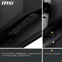 Poorten achterkant MSI monitor: AC-in, 2x HDMI 2.1, DP 1.4a, USB-C (15W), koptelefoon. 5-weg joystick navigator.