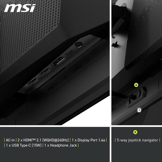Poorten achterkant MSI monitor: AC-in, 2x HDMI 2.1, DP 1.4a, USB-C (15W), koptelefoon. 5-weg joystick navigator.