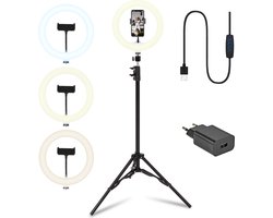 Infinity Goods Ring Light Met Statief - LED - 3 Kleuren - Verstelbaar Statief Tot 186m - Inclusief Stekker - Selfie Ringlight voor Tiktok / Instagram / Youtube / Streaming / Thuis Werken - Zwart