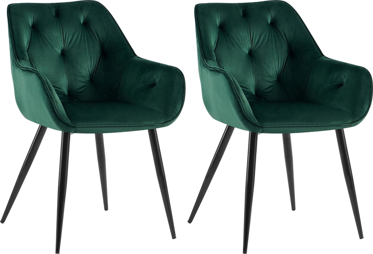CLP Cassis Set van 2 Eetkamerstoelen - Met armleuning - Velvet - Fluweel - groen Fluweel
