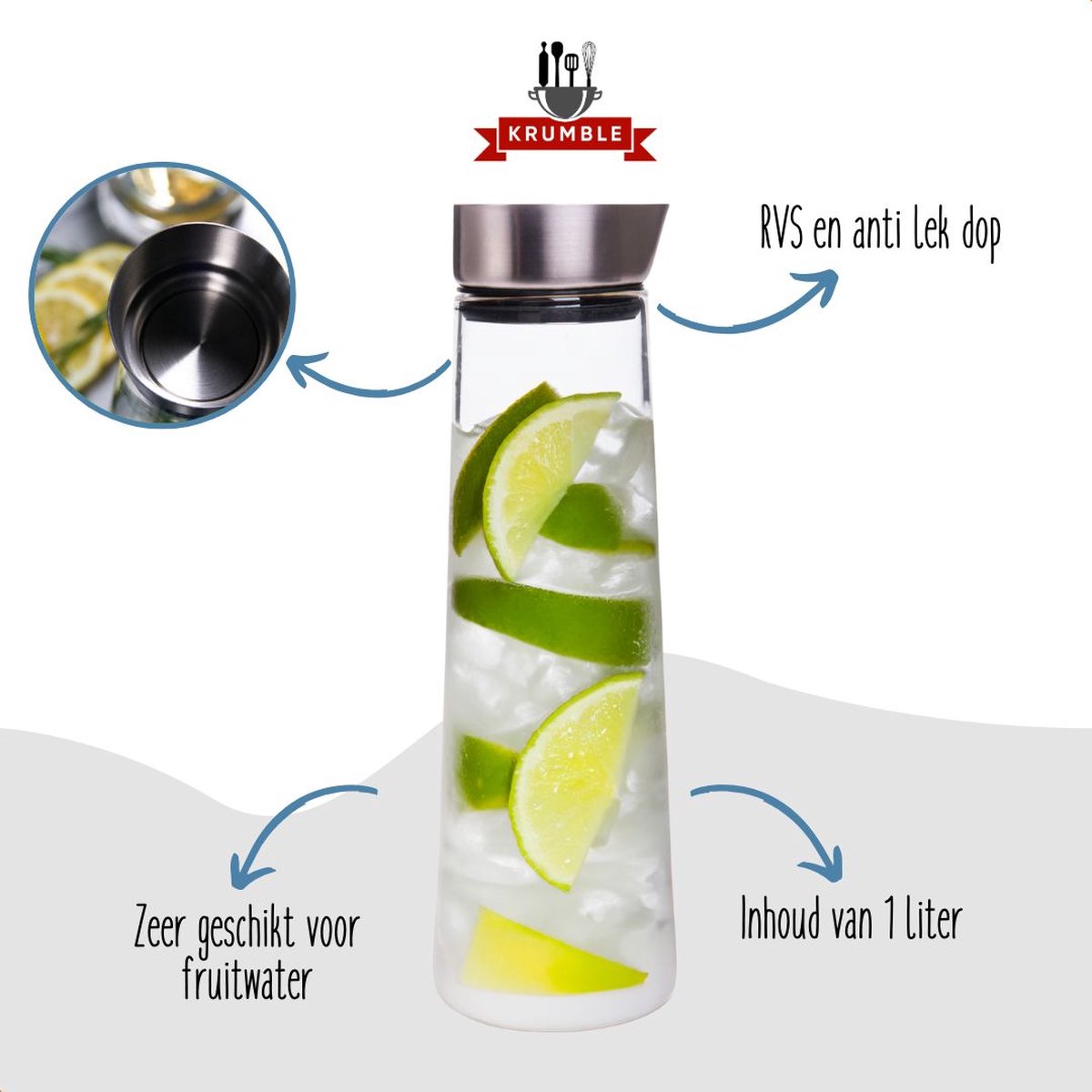 Krumble Karaf van glas - 1000ml - 1 liter - 33 x 9,5 cm (dxh) - Glazen waterfles - Waterkan met deksel - RVS - Tafel water — cadeau in Koken & Dineren - foto 5