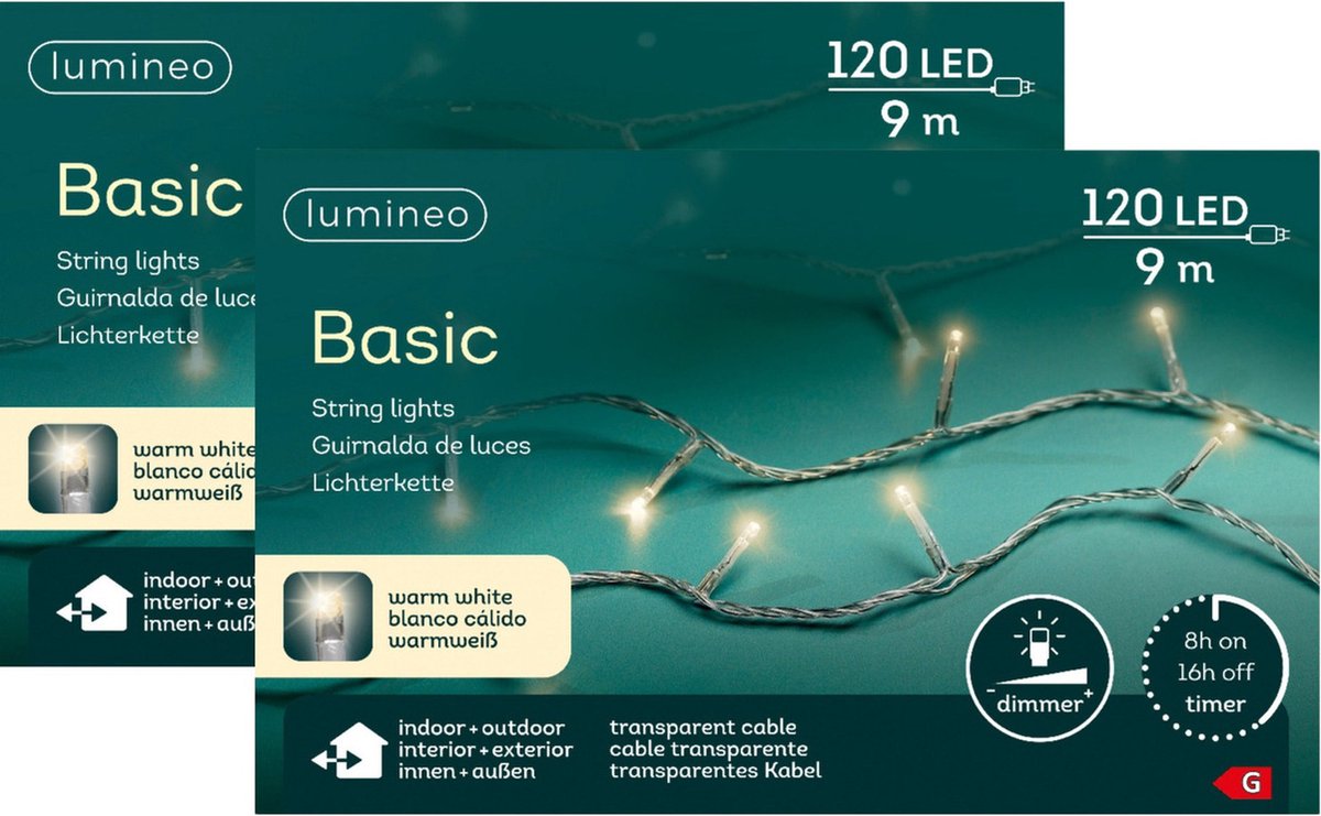 Lumineo Kerstverlichting - 2x - 120 leds -warm wit -900 cm - transparent cable - timer en dimmer