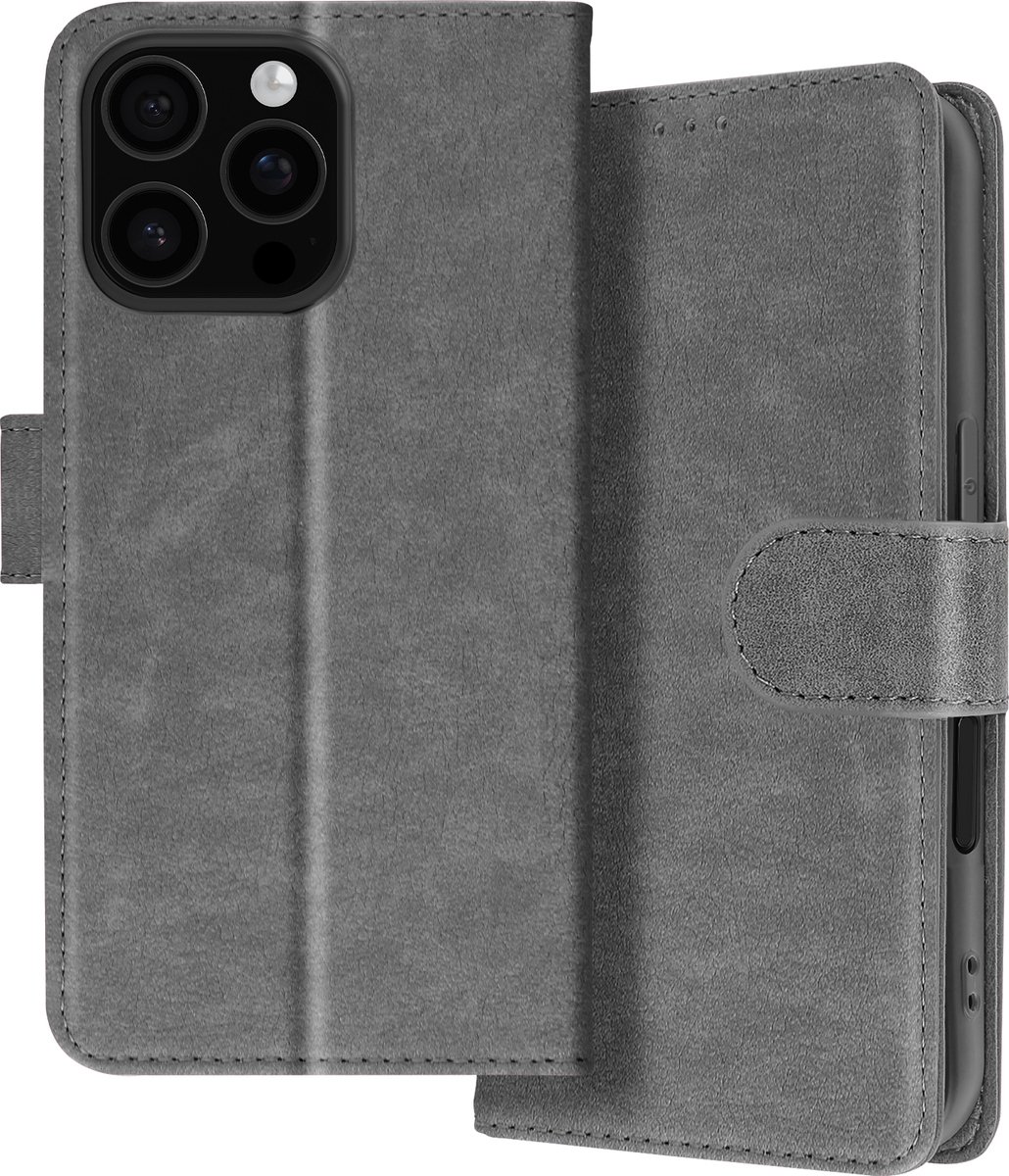 Avizar Hoesje Geschikt voor Apple iPhone 16 Pro Clapet Wallet en Videohouder, Grijs