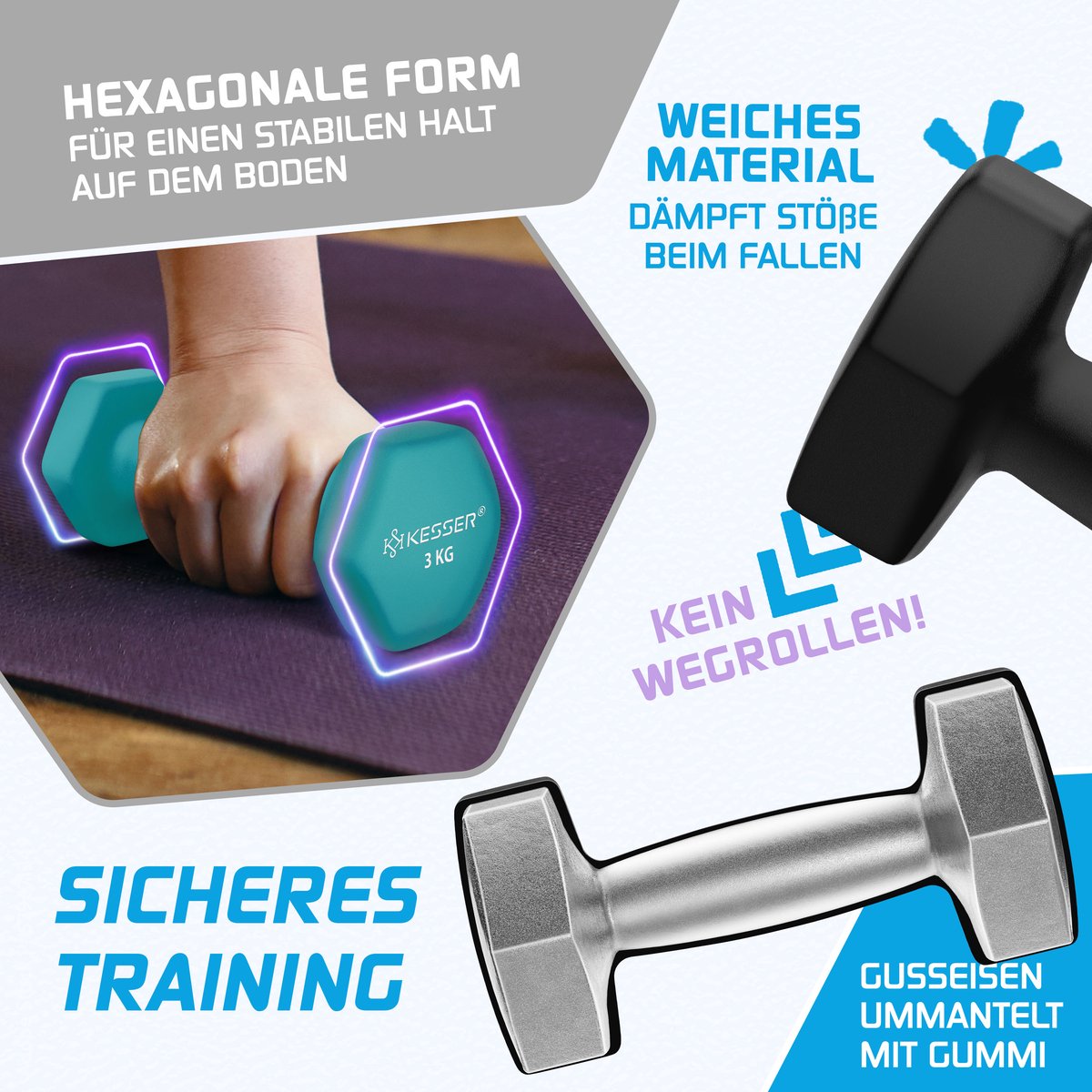 KESSER® Dumbells Set 3 Paren (2x 1, 2 & 5kg) = 18 kg totaal | 6x Dumbbells verstelbaar Geschikt voor Fitness Zumba & Aerobics | Halters Gewichten Set met Standaard | Halterset met oefeningenboekje, 2x fitnessbanden – foto 6