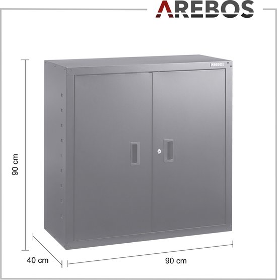 Grijze AREBOS archiefkast met afmetingen 90x90x40 cm.