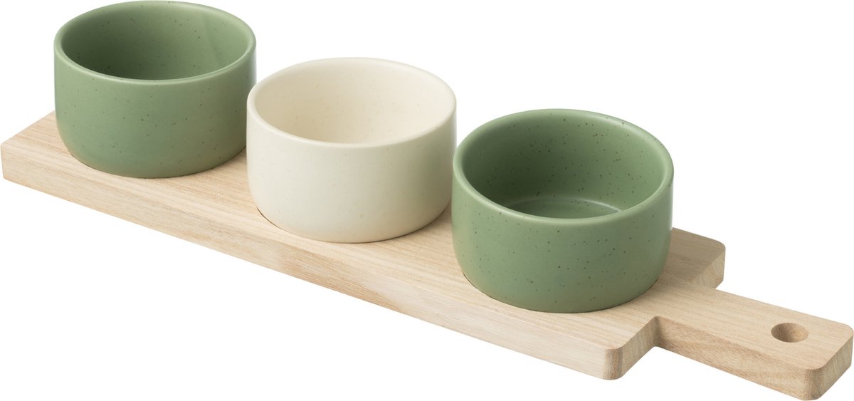 J-Line tapasplank 3 kommen + bambouschaal In Doos - keramiek/hout - wit/groen