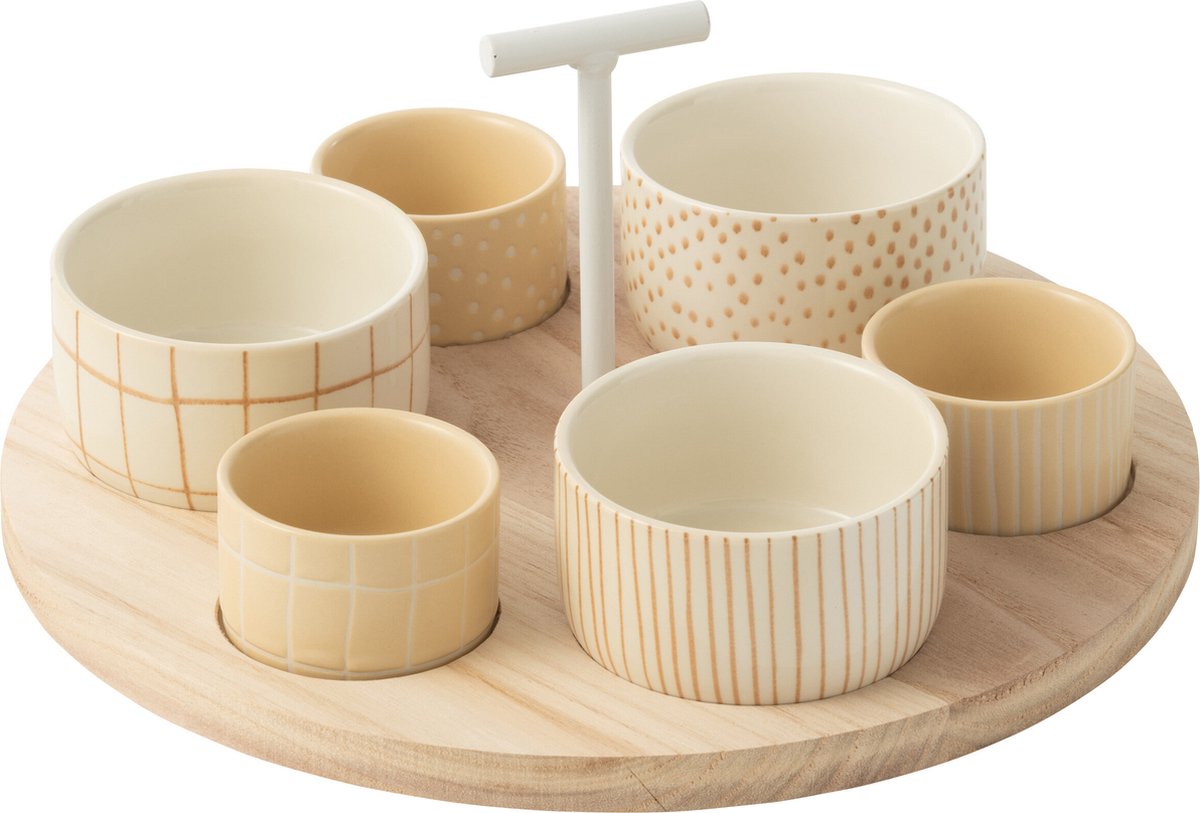 J-Line tapasplank 6 kommen + bambouschaal In Doos - keramiek/hout - wit/creme