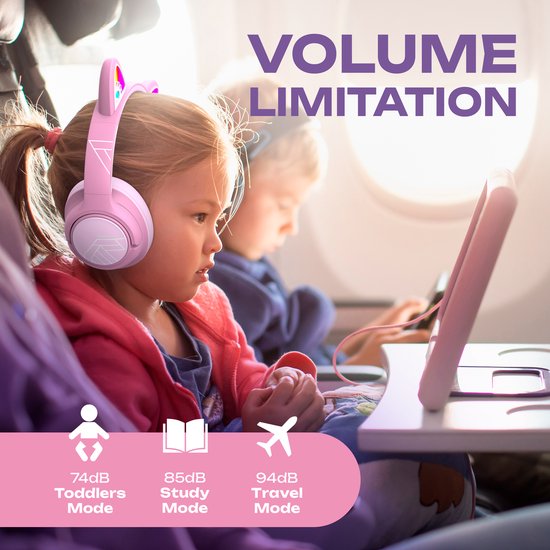 PowerLocus Bobo - Draadloze Koptelefoon voor Kinderen - Bluetooth koptelefoon - 74/85/94dB Volumebegrenzing - Katten Oortjes - Led Verlichting - Roze