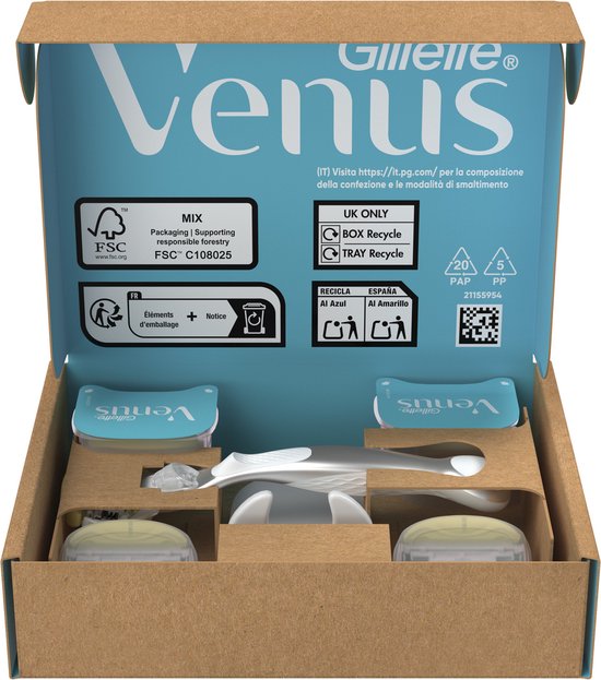 Open verpakking van Gillette Venus Pro ComfortGlide met scheerhandvat en scheermesjes.