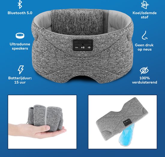 Bluetooth slaapmasker (premium) - Beste keuze - 100% verduisterend - Ultraplatte 'spons speakers' (perfect voor zijslapers) - Koel en ademend materiaal - Volledig verstelbaar - Excellente geluidskwaliteit - Batterij: 13 uur - Zwart