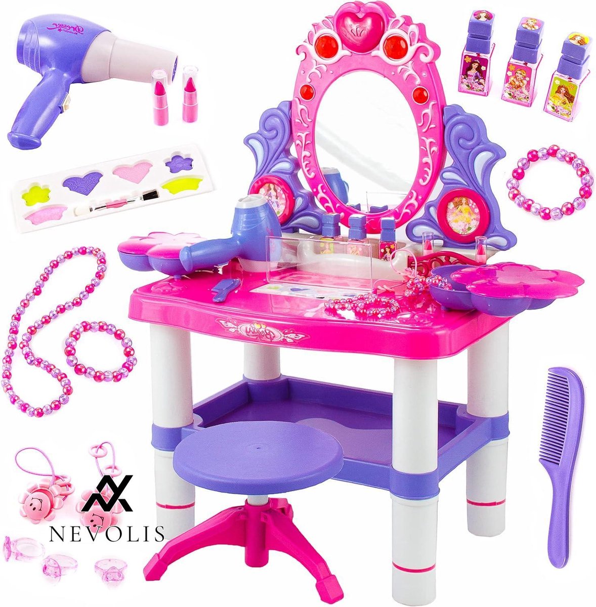Nevolis Childrens Play Dressing Table Pink Girls Makeup Head Play Table Stool Accessories Light Sound KP2798 .