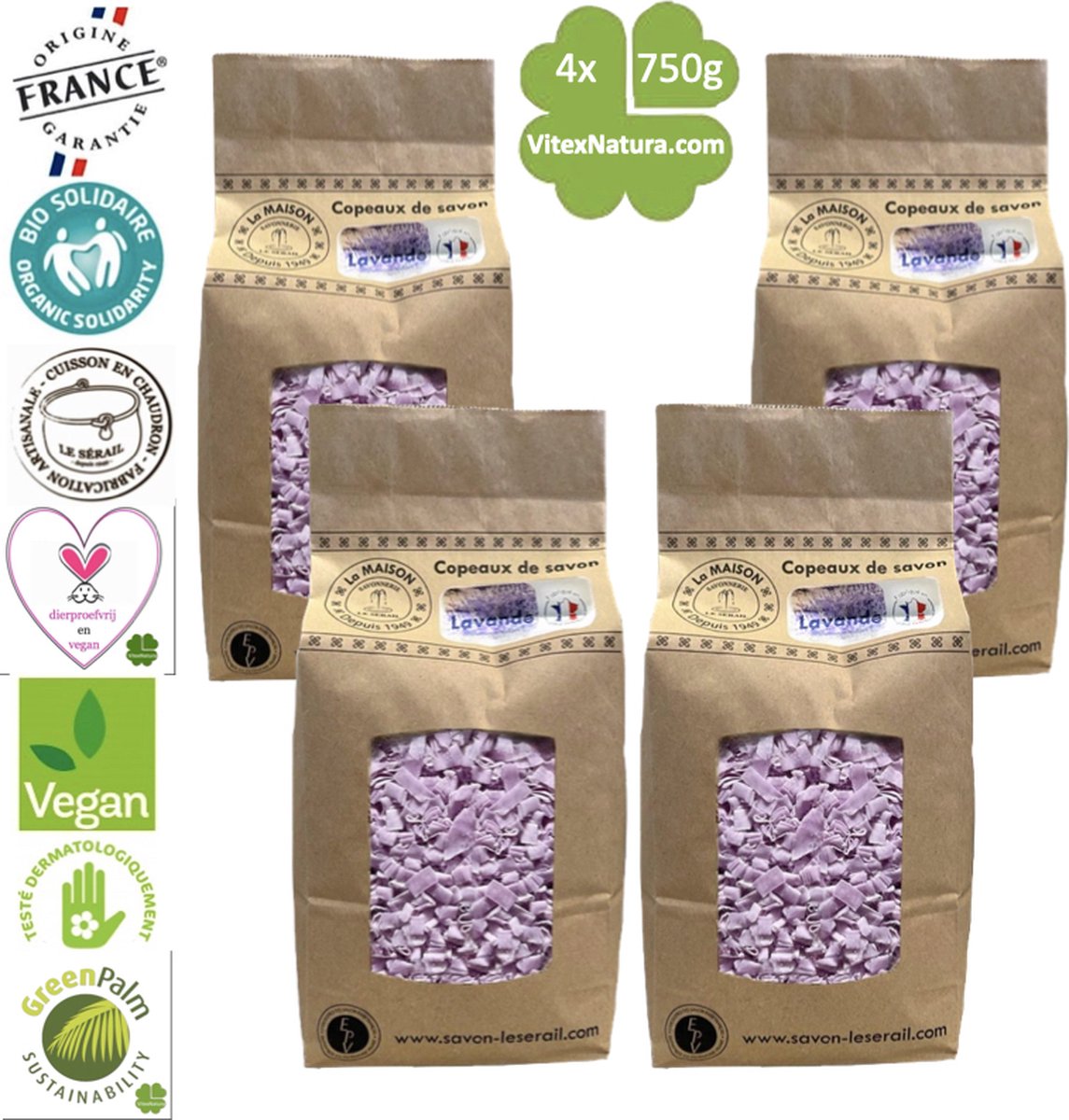 Goedkoopste Marseille zeepvlokken met lavendel olie | 4x 750g | Ecologisch en Milieuvriendelijk | Ambacht | Le Serail