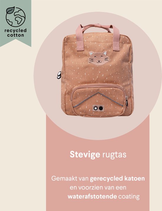 Roze rugzak met witte spikkels en kattengezicht, gemaakt van gerecycled katoen met waterafstotende coating.