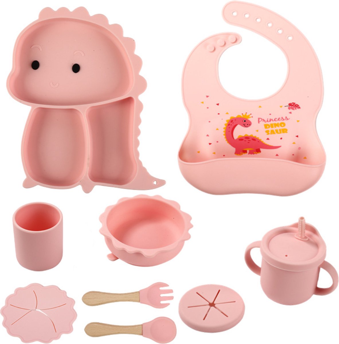 Goedkoopste Premium 9-delig Dinosaurus Kinderservies Set Roze – Kinderbestek, Bord, Beker, Kraamcadeau & Baby Cadeau – Schattige Dinosaurus Design