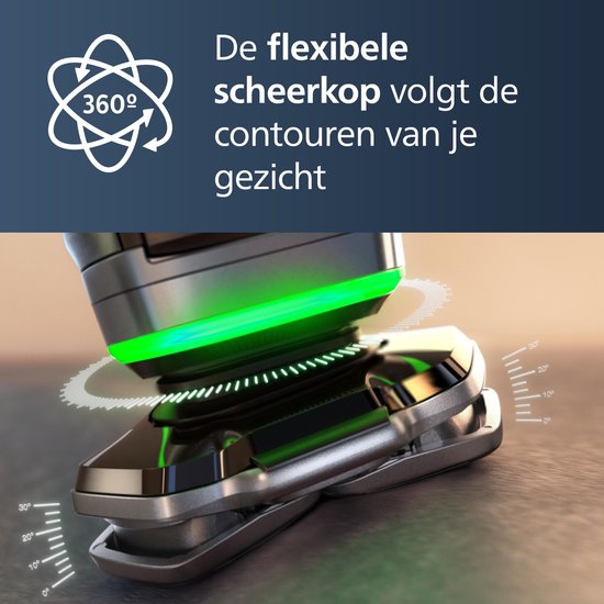 Gros plan de la tête de rasage flexible du rasoir Philips Series 9000. "La tête de rasage flexible suit les contours de votre visage."