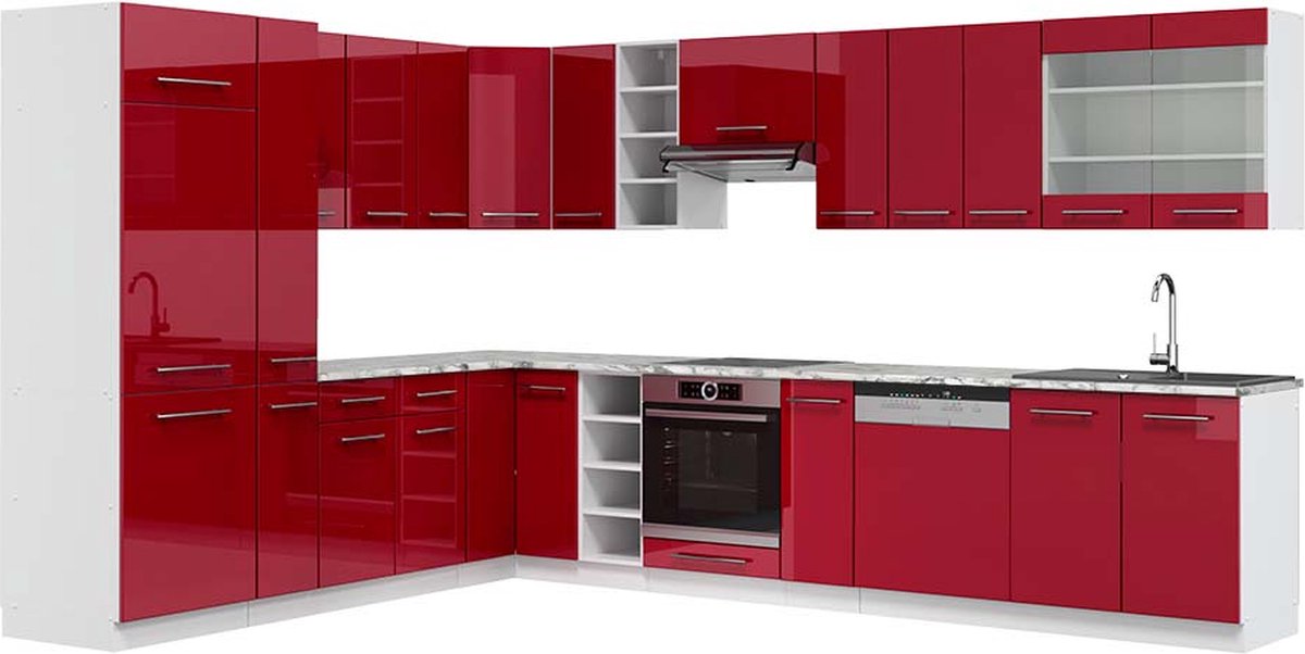 Vicco Hoekkeuken Fame-Line, Bordeauxrode hoogglans/Wit, 347 x 257 cm, WB Marmer