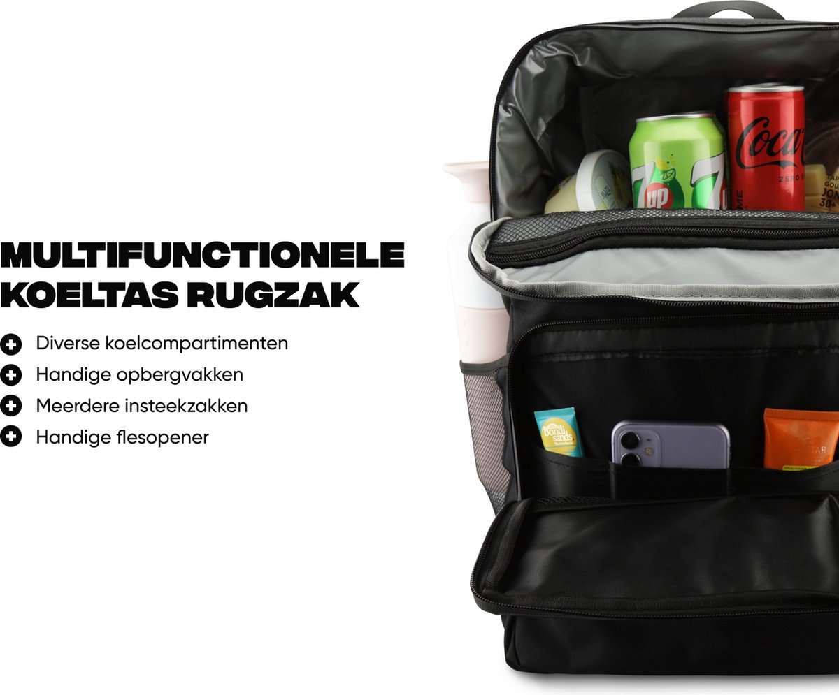 Rockerz Koeltas rugzak - 4 laags geïsoleerde - Incl. 4 koelelementen - 28 liter - Lunchtas - Picknicktas - Capaciteit voor 40x 33 cl blikken of 25x 33 cl flesjes - Slijtvast en duurzaam materiaal - Waterdicht en vuilafstotend - Kleur: Zwart — cadeau in Sport & Outdoor - foto 2