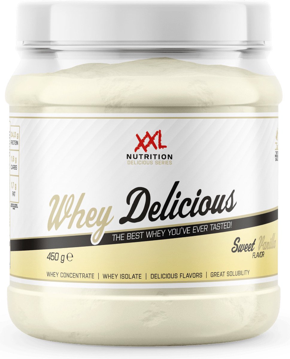 Goedkoopste XXL Nutrition - Whey Delicious - 80 Eiwit - Sweet Vanille - Wei Eiwitpoeder met BCAA & Glutamine, Proteine Poeder, Eiwit shake, Whey Protein - Diverse Smaken - 450 gram (15 shakes