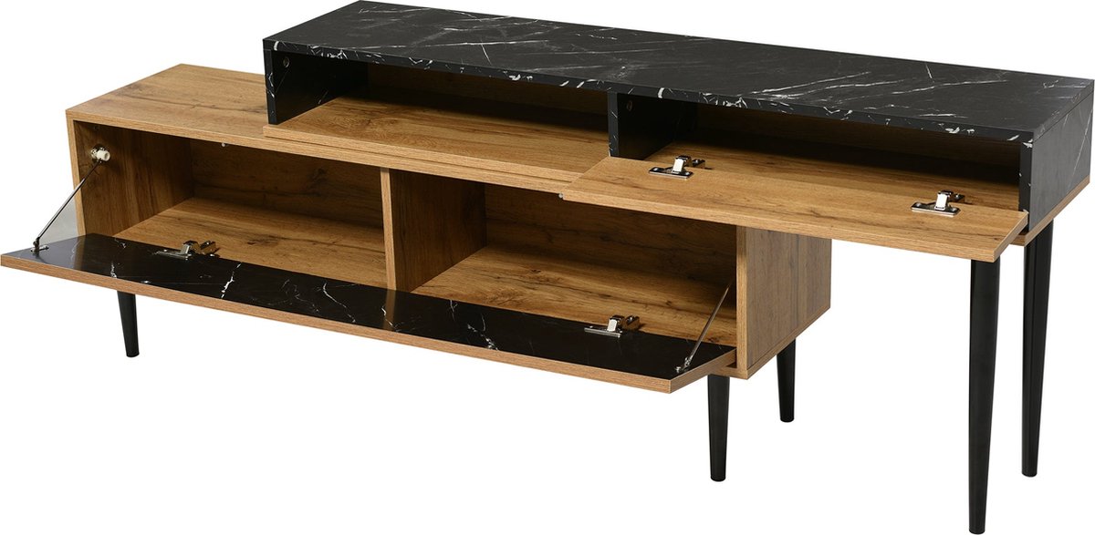 Merax TV-Meubel Bruin en Zwart Marmerlook – Verstelbaar 129-200 cm – 49 inch