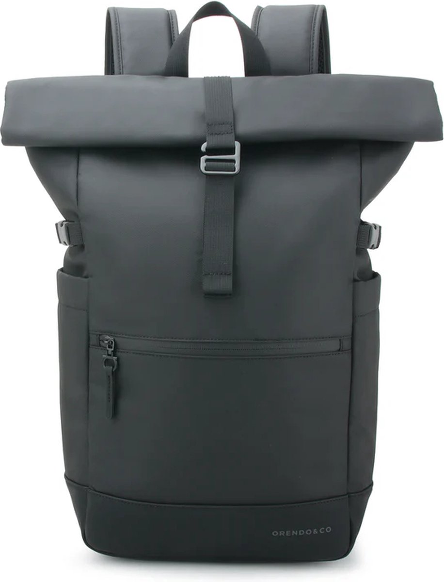Orendo&Co Signature Rolltop Backpack | Zwart | 900D PU Coated Materiaal | Waterafstotend | Duurzaam | 16" Laptop vak | Reistas | Schooltas | Rugzak | Rugtas | Man | Studenten | Laptop rugtas heren | Laptop rugzak heren - vrouwen