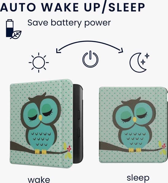 kwmobile e-reader hoesje geschikt voor Kobo Libra Colour hoes - E reader flip case met magnetische sluiting - Ereader cover - Slapende Uil design in turquoise / bruin / mintgroen van Merkloos — afbeelding 4