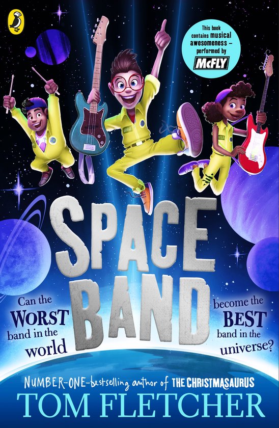 Boekomslag van 'Space Band' met drie zingende kinderen in ruimtepakken en de tekst 'Space Band'.